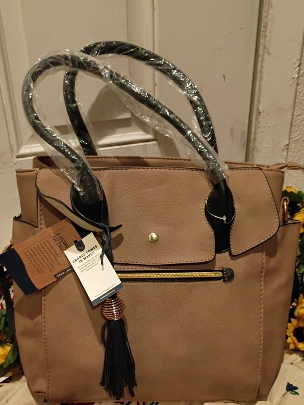 Women's Taupe Tote Handbag with Black Trim and Tassel